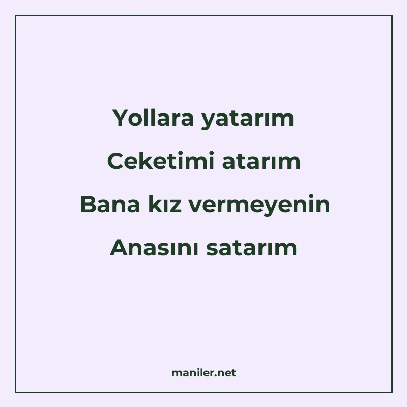 Yollara yatarım Ceketimi atarım Bana kız vermeyenin Anasını manisi görseli
