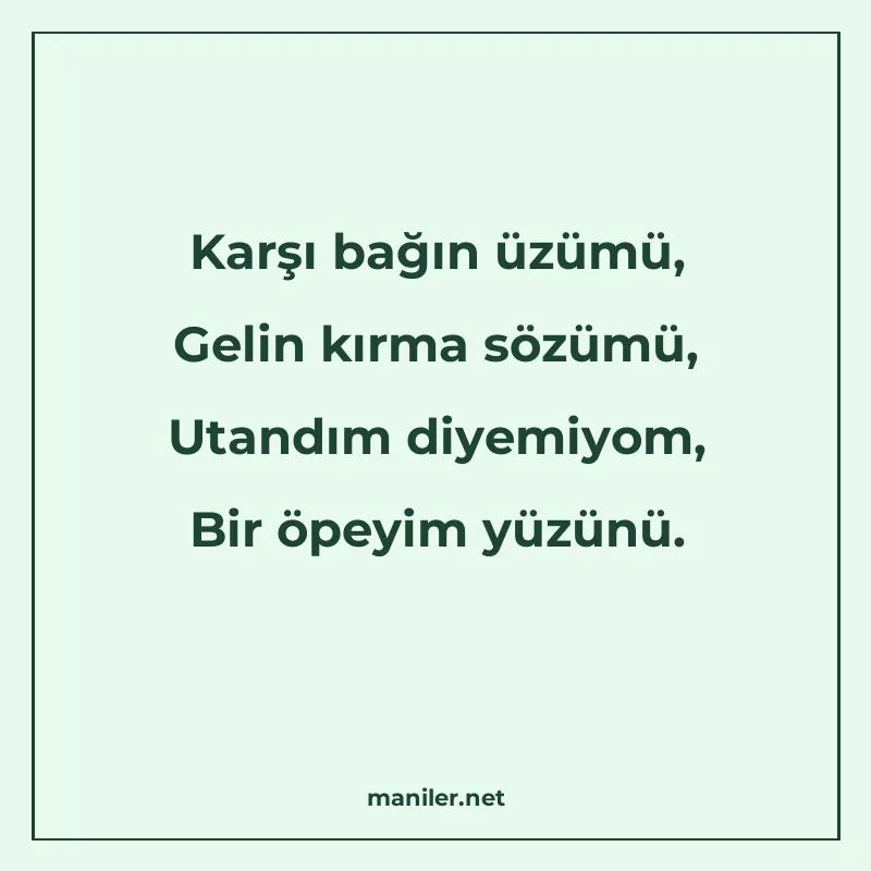Karşı bağın üzümü, Gelin kırma sözümü, Utandım diyemiyom, Bi manisi görseli
