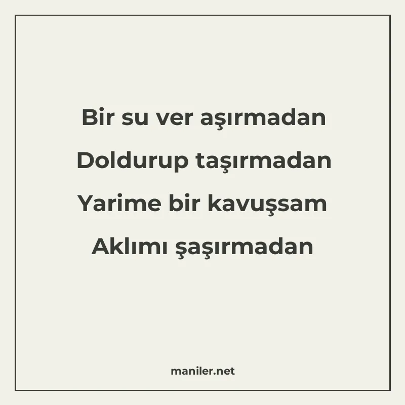 Bir su ver aşırmadan Doldurup taşırmadan Yarime bir kavuşsam manisi görseli