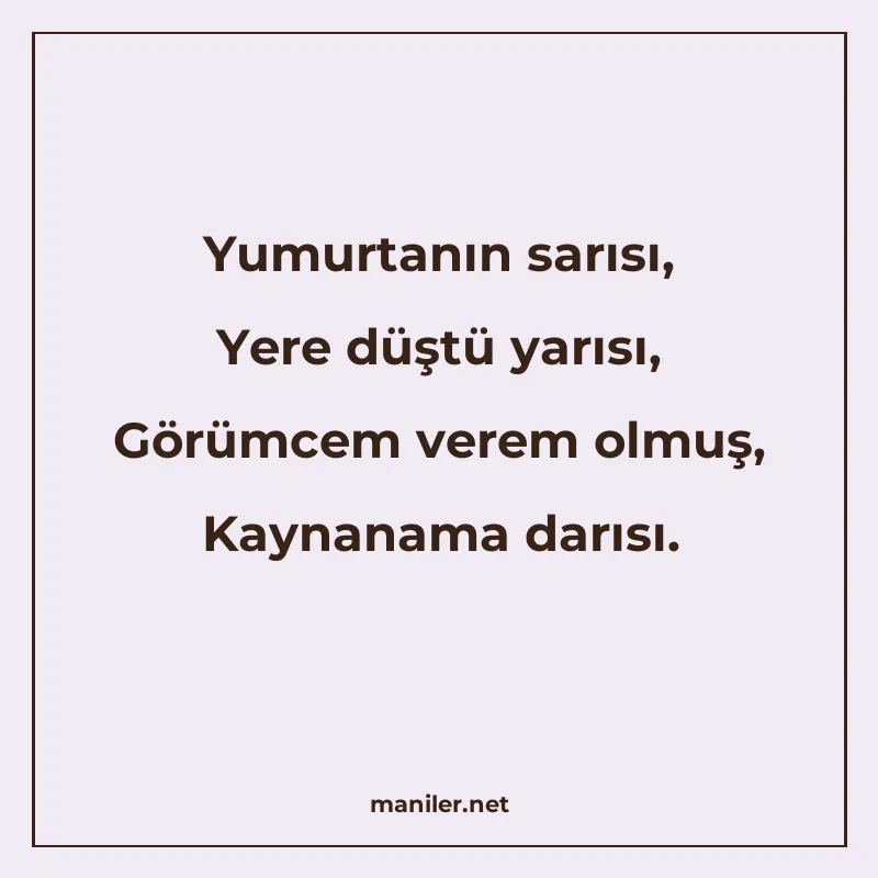 Yumurtanın sarısı, Yere düştü yarısı, Görümcem verem olmuş manisi görseli