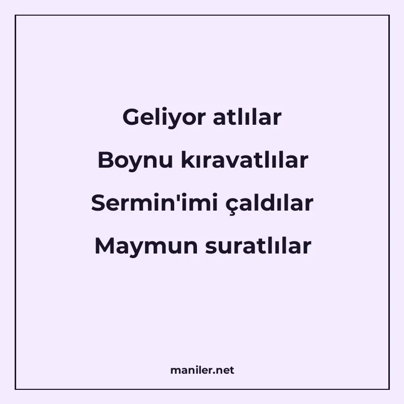 Geliyor atlılar Boynu kıravatlılar Sermin'imi çaldılar Maymu manisi görseli