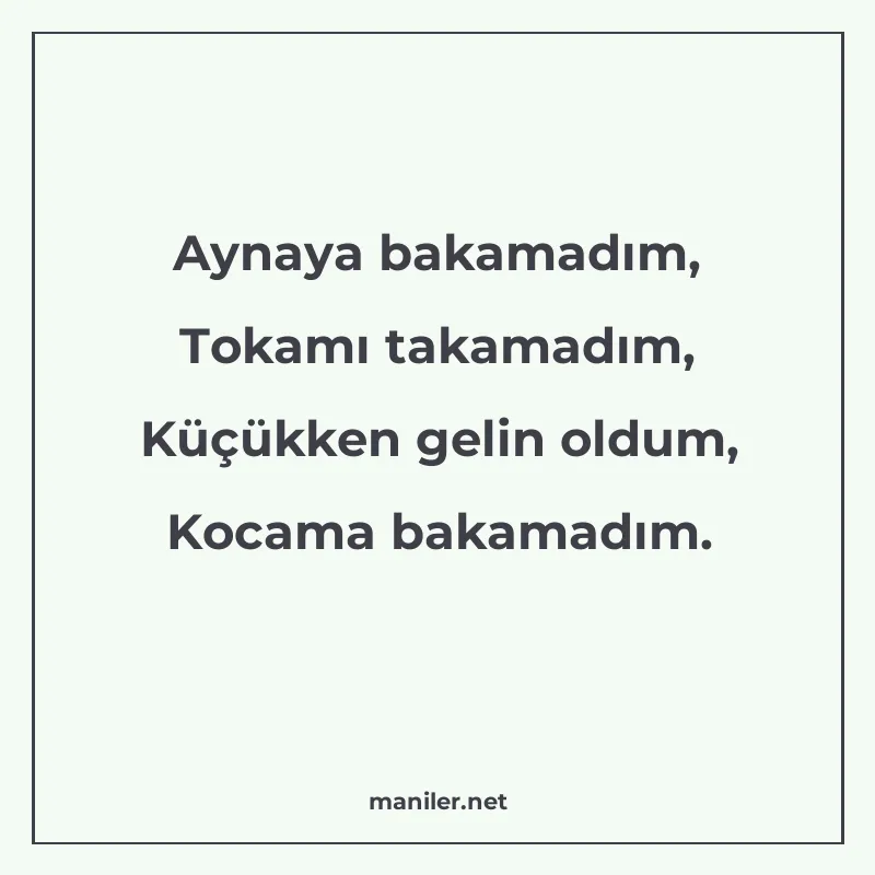 Aynaya bakamadım, Tokamı takamadım, Küçükken gelin oldum, Ko manisi görseli