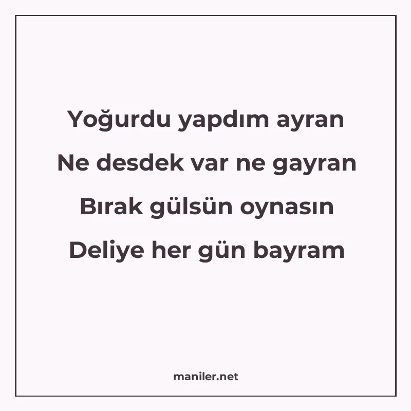 Yoğurdu yapdım ayran Ne desdek var ne gayran Bırak gülsün oy manisi görseli