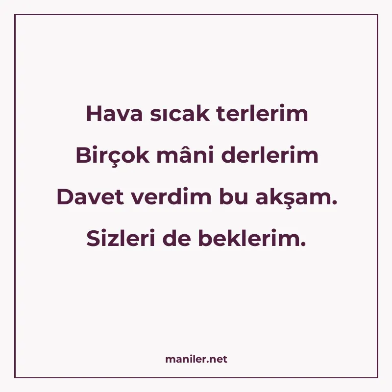 Hava sıcak terlerim Birçok mâni derlerim Davet verdim bu akş manisi görseli
