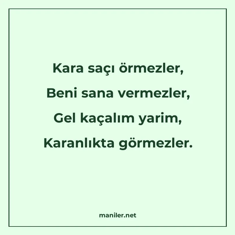 Kara saçı örmezler, Beni sana vermezler, Gel kaçalım yarim manisi görseli