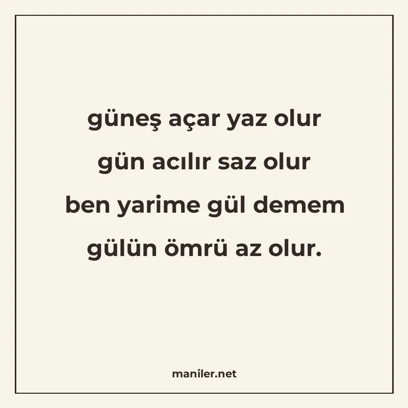 güneş açar yaz olur gün acılır saz olur ben yarime gül demem
