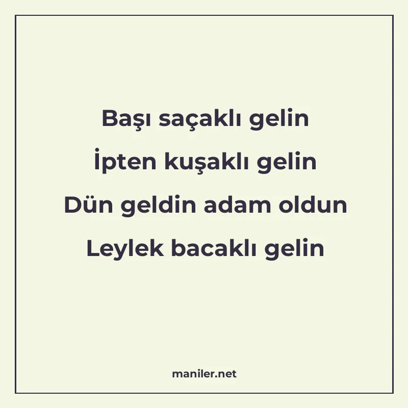 Başı saçaklı gelin İpten kuşaklı gelin Dün geldin adam oldun manisi görseli