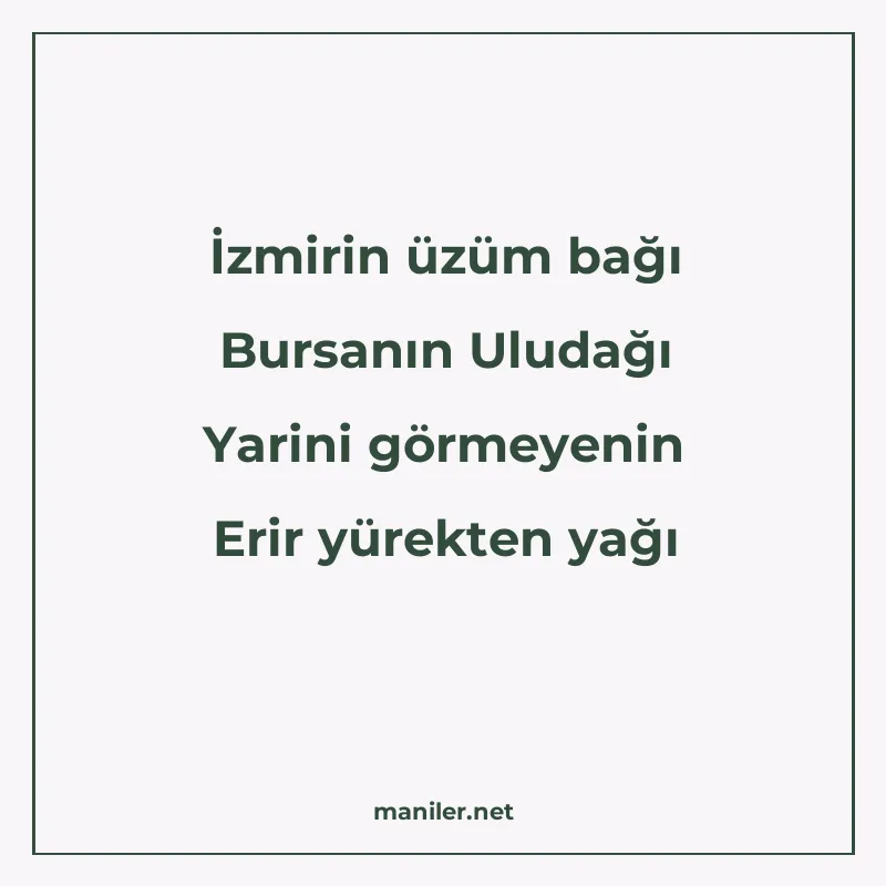 İzmirin üzüm bağı Bursanın Uludağı Yarini görmeyenin Erir yü manisi görseli