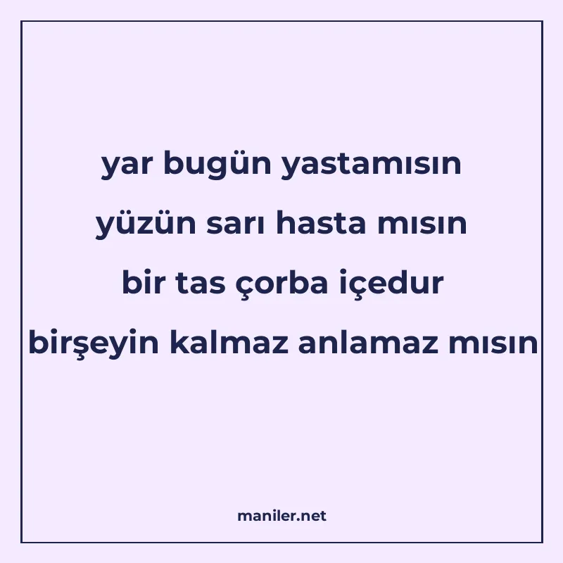 yar bugün yastamısın yüzün sarı hasta mısın bir tas çorba iç manisi görseli