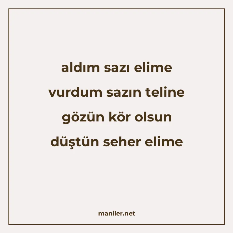 aldım sazı elime vurdum sazın teline gözün kör olsun düştün manisi görseli