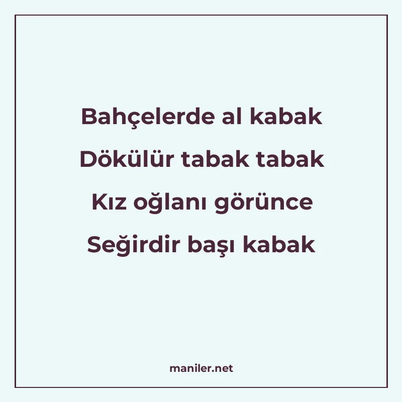 Bahçelerde al kabak Dökülür tabak tabak Kız oğlanı görünce S manisi görseli