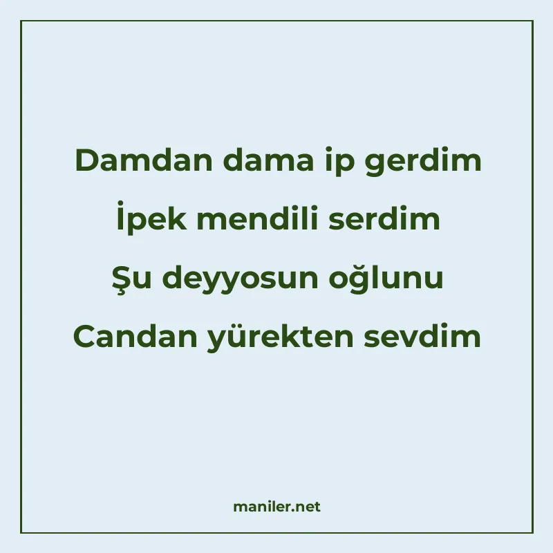 Damdan dama ip gerdim İpek mendili serdim Şu deyyosun oğlunu manisi görseli