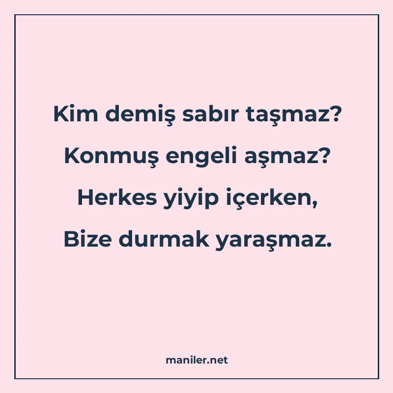 Kim demiş sabır taşmaz? Konmuş engeli aşmaz? Herkes yiyip iç manisi görseli
