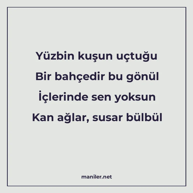 Yüzbin kuşun uçtuğu Bir bahçedir bu gönül İçlerinde sen yoks manisi görseli