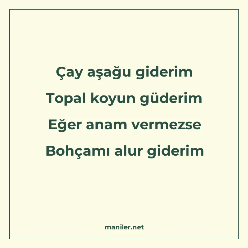 Çay aşağu giderim Topal koyun güderim Eğer anam vermezse Boh manisi görseli