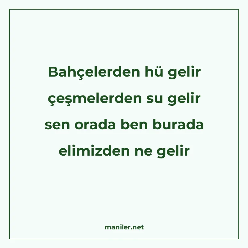 Bahçelerden hü gelir çeşmelerden su gelir sen orada ben bura manisi görseli