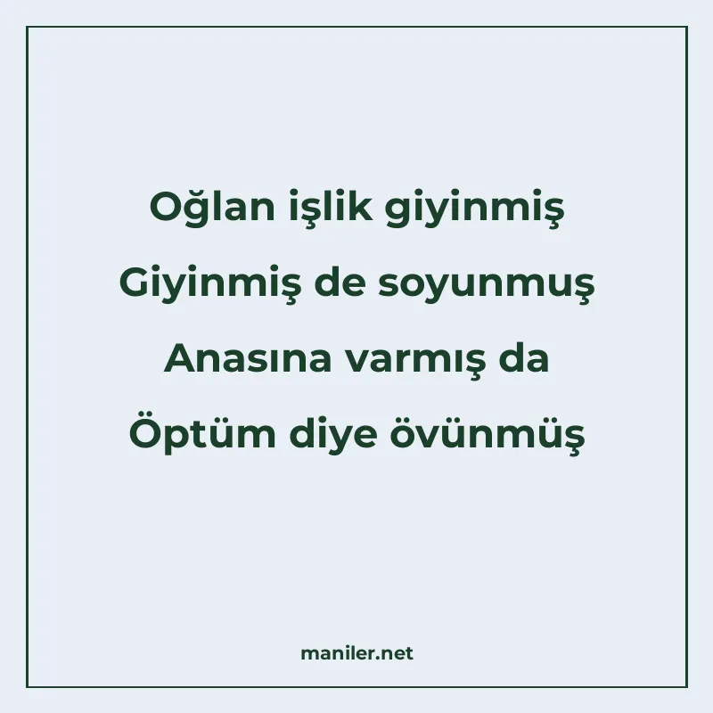Oğlan işlik giyinmiş Giyinmiş de soyunmuş Anasına varmış da manisi görseli