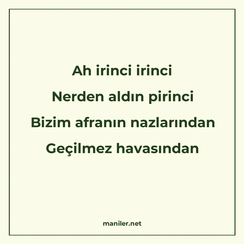 Ah irinci irinci Nerden aldın pirinci Bizim afranın nazların manisi görseli