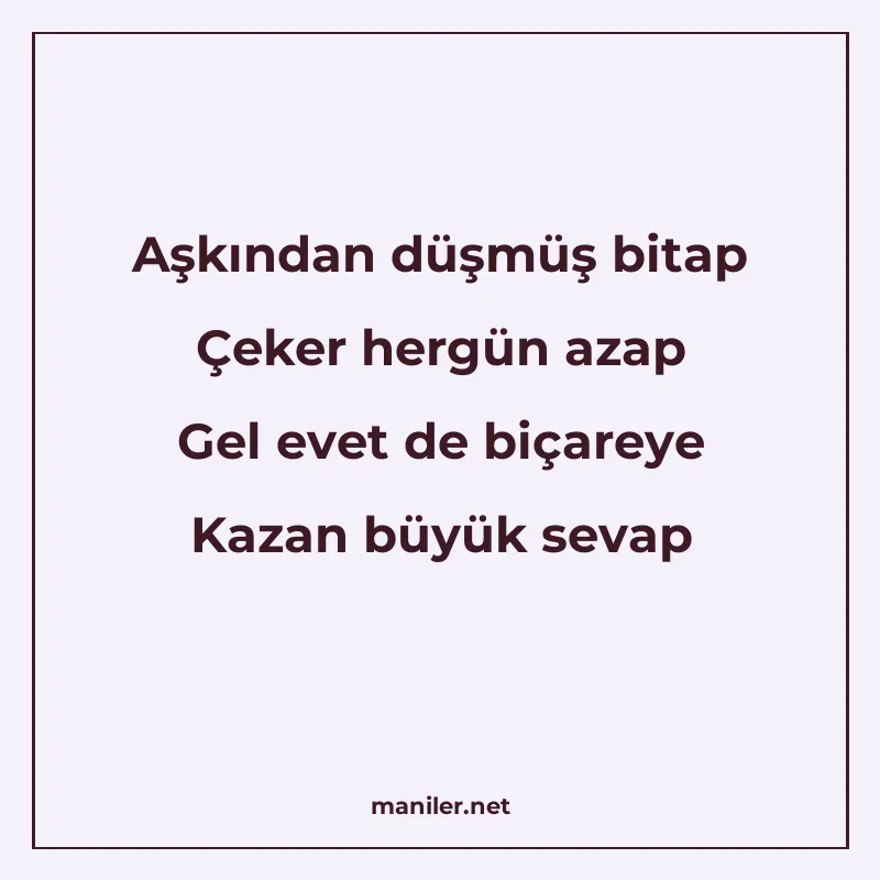 Aşkından düşmüş bitap Çeker hergün azap Gel evet de biçareye manisi görseli