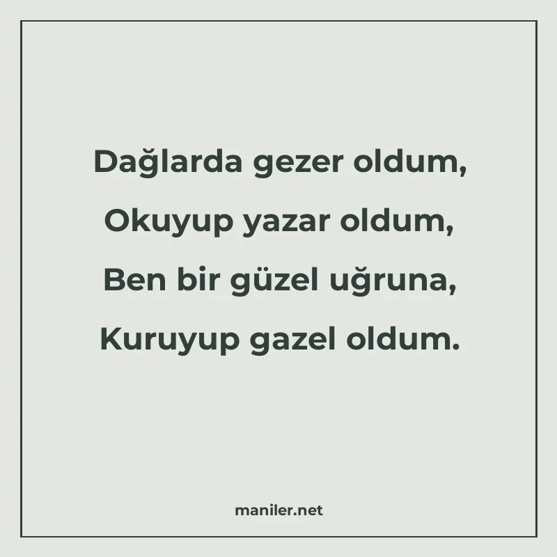 Dağlarda gezer oldum, Okuyup yazar oldum, Ben bir güzel uğru manisi görseli