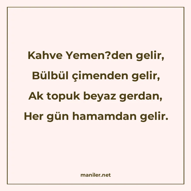 Kahve Yemen'den gelir, Bülbül çimenden gelir, Ak topuk beyaz manisi görseli