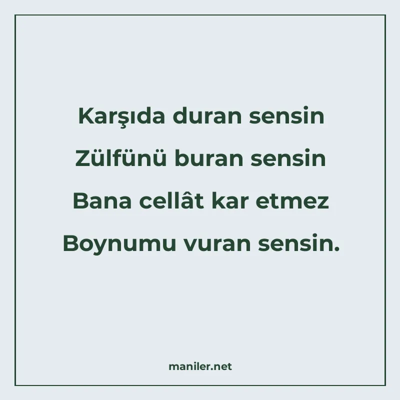 Karşıda duran sensin Zülfünü buran sensin Bana cellât kar et manisi görseli
