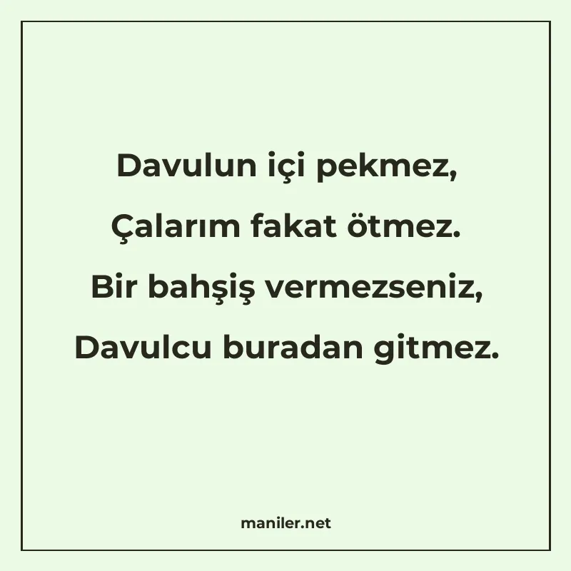 Davulun içi pekmez, Çalarım fakat ötmez. Bir bahşiş vermezse manisi görseli