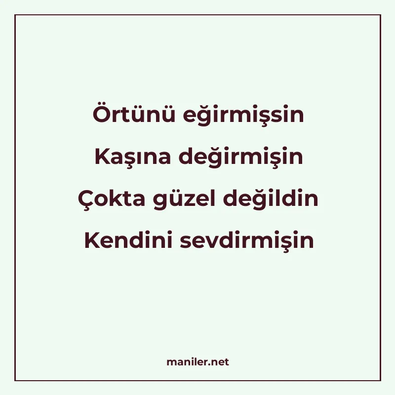 Örtünü eğirmişsin Kaşına değirmişin Çokta güzel değildin Ken manisi görseli