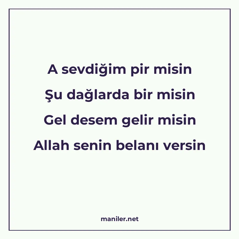 A sevdiğim pir misin Şu dağlarda bir misin Gel desem gelir m manisi görseli