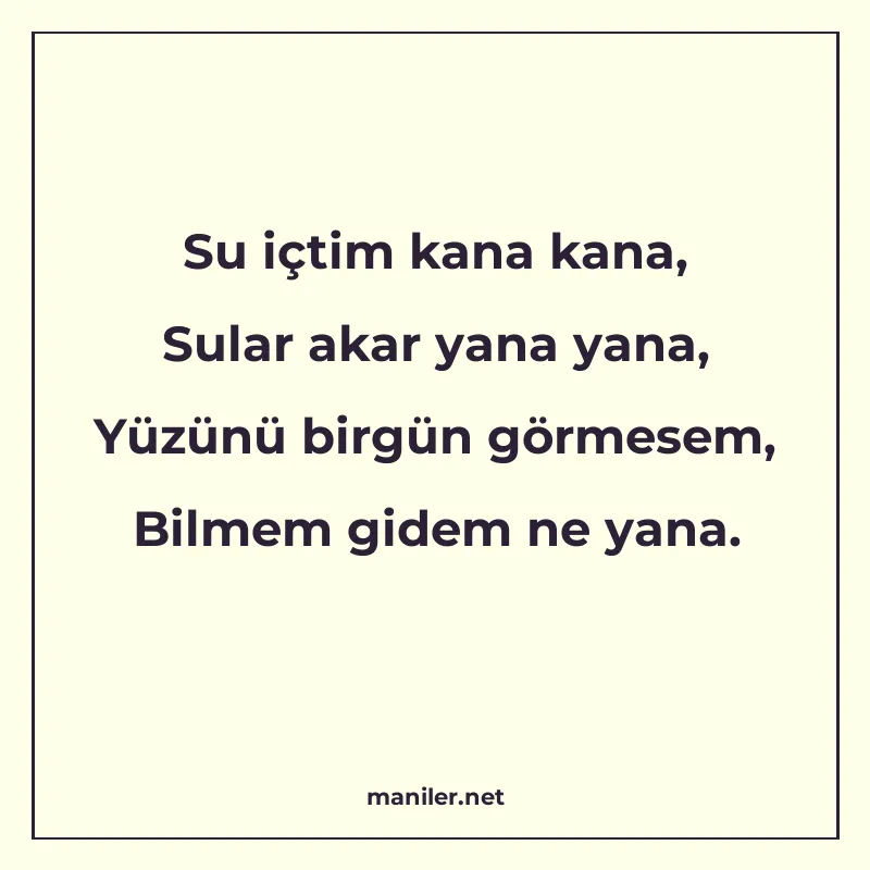Su içtim kana kana, Sular akar yana yana, Yüzünü birgün görm manisi görseli