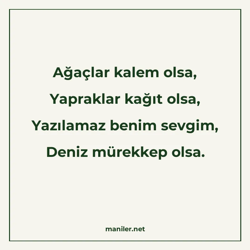 Ağaçlar kalem olsa, Yapraklar kağıt olsa, Yazılamaz benim se manisi görseli