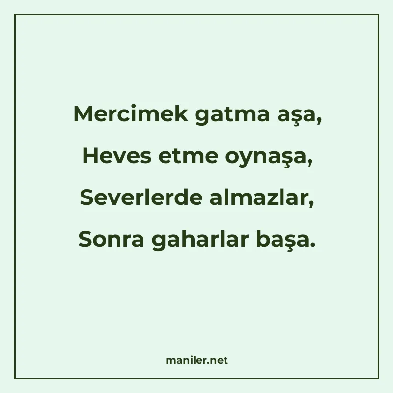 Mercimek gatma aşa, Heves etme oynaşa, Severlerde almazlar manisi görseli