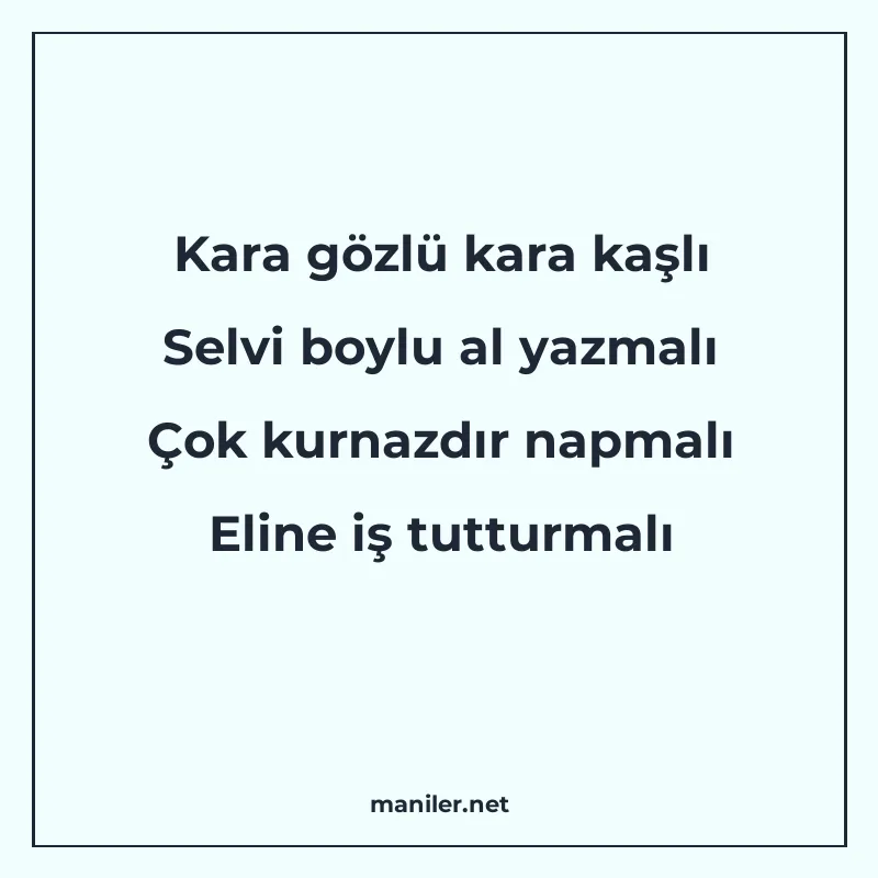 Kara gözlü kara kaşlı Selvi boylu al yazmalı Çok kurnazdır n manisi görseli