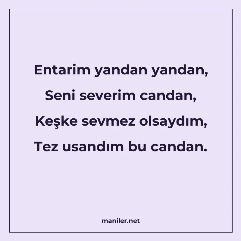 Entarim yandan yandan, Seni severim candan, Keşke sevmez ols manisi görseli