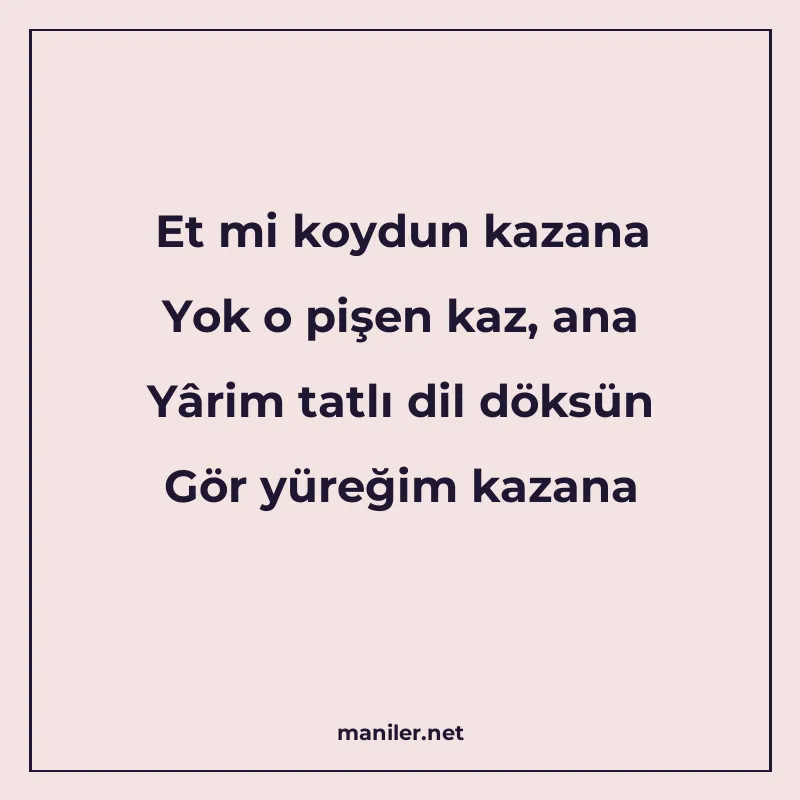 Et mi koydun kazana Yok o pişen kaz, ana Yârim tatlı dil dök manisi görseli