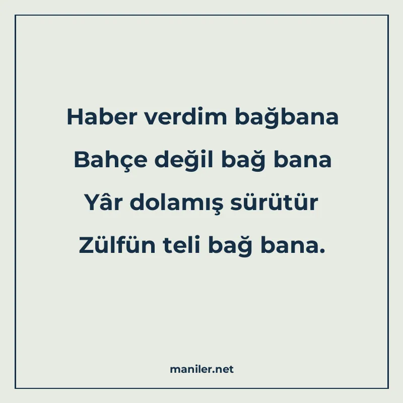 Haber verdim bağbana Bahçe değil bağ bana Yâr dolamış sürütü manisi görseli