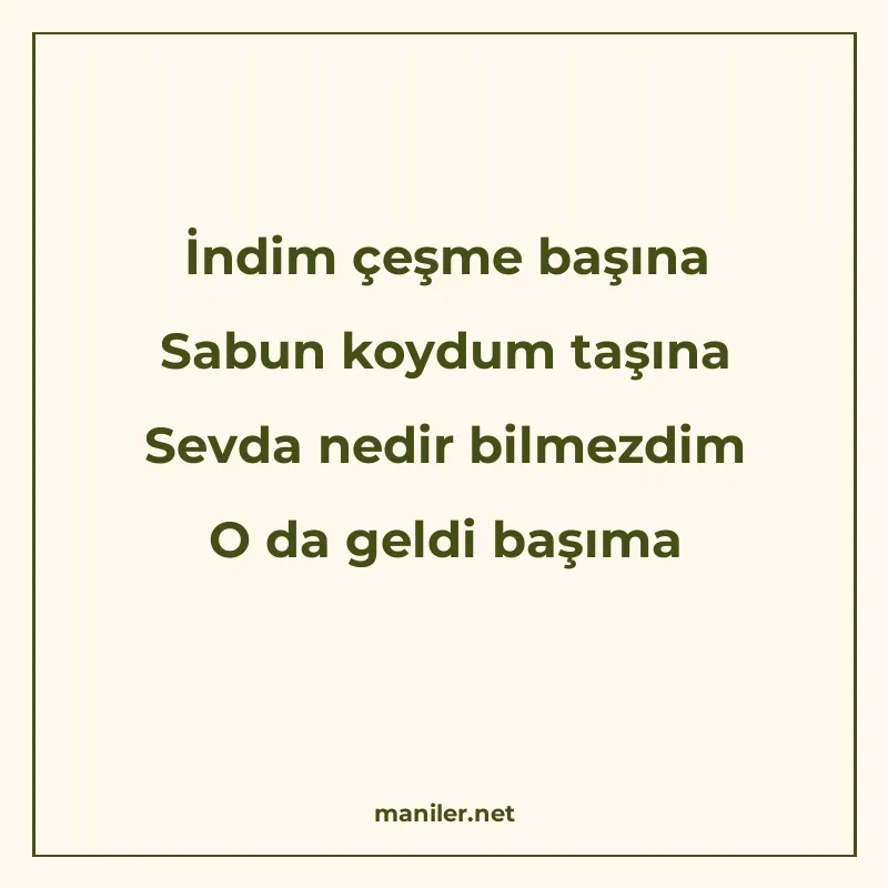 İndim çeşme başına Sabun koydum taşına Sevda nedir bilmezdim manisi görseli