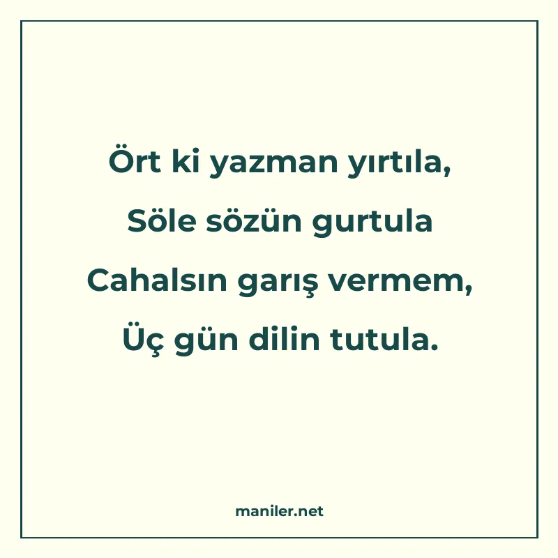 Ört ki yazman yırtıla, Söle sözün gurtula Cahalsın garış ver manisi görseli