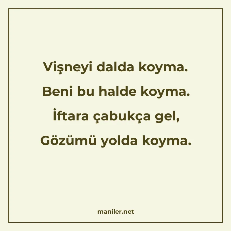 Vişneyi dalda koyma. Beni bu halde koyma. İftara çabukça gel manisi görseli