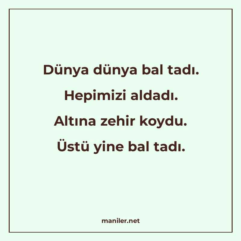 Dünya dünya bal tadı. Hepimizi aldadı. Altına zehir koydu. Ü manisi görseli