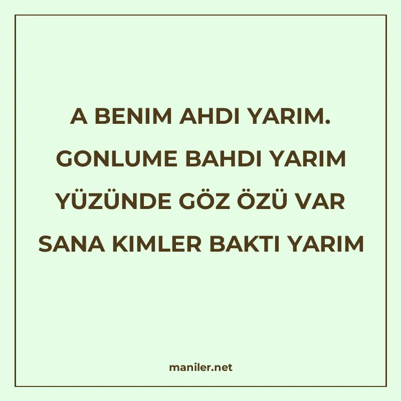 A BENIM AHDI YARIM. GONLUME BAHDI YARIM YÜZÜNDE GÖZ ÖZÜ VAR manisi görseli