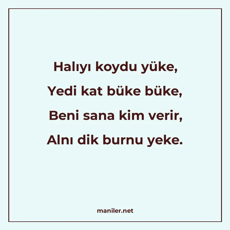 Halıyı koydu yüke, Yedi kat büke büke, Beni sana kim verir manisi görseli