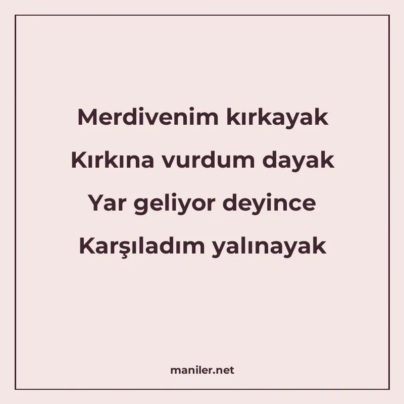 Merdivenim kırkayak Kırkına vurdum dayak Yar geliyor deyince manisi görseli
