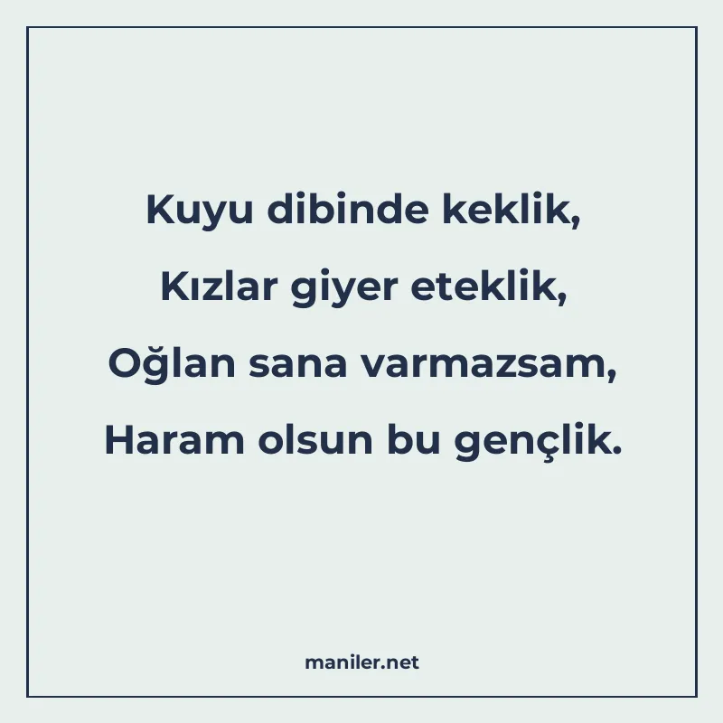 Kuyu dibinde keklik, Kızlar giyer eteklik, Oğlan sana varmaz manisi görseli
