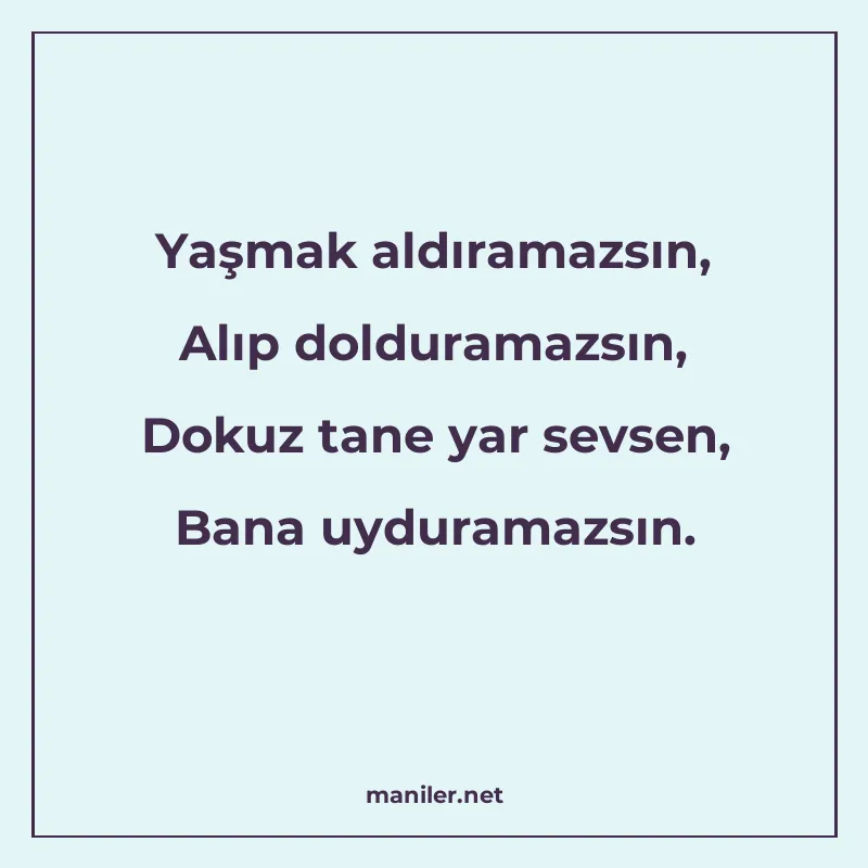 Yaşmak aldıramazsın, Alıp dolduramazsın, Dokuz tane yar sevs