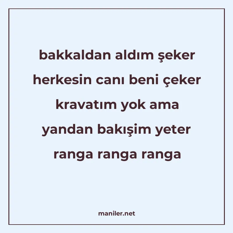 bakkaldan aldım şeker herkesin canı beni çeker kravatım yok manisi görseli