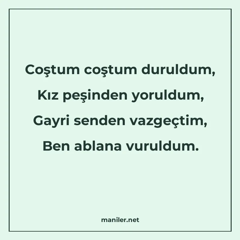Coştum coştum duruldum, Kız peşinden yoruldum, Gayri senden manisi görseli