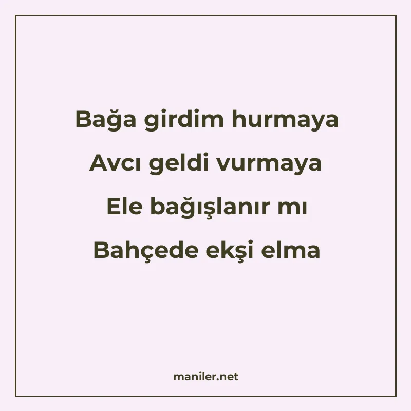 Bağa girdim hurmaya Avcı geldi vurmaya Ele bağışlanır mı Bah manisi görseli