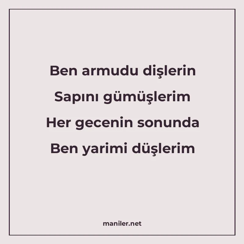 Ben armudu dişlerin Sapını gümüşlerim Her gecenin sonunda Be