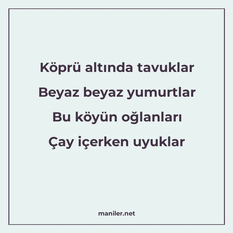 Köprü altında tavuklar Beyaz beyaz yumurtlar Bu köyün oğlanl manisi görseli